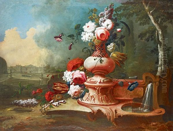 Nature Morte Aux Fleurs Avec Fontaine, Un Palais Dans Le Lointain - view 1