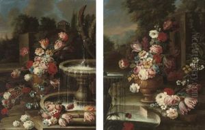 Chrysanthemums And Other Flowers In A Terracotta Urn (+ Chrysanthemums And Other Flowers In A Terracotta Urn; Pair) by Giuseppe Lavagna