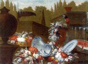 Flowers, Urns, Porcelain Dishes And A Melon By Fountains In A Garden by Giuseppe Lavagna