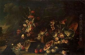 Carnations, Tulips, Peonies In An Urn With Other Flowers, A Melon, Pomegranates And A Blue And White Pottery Vase Before A Fountain In A Landscape