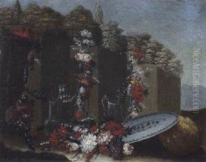 Vasi Di Vetro Con Fiori Vari E Un Piatto Di Ceramica En Plein Air