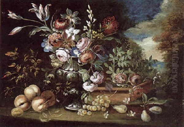 Blumenstraus In Einer Metallvase Und Fruchte In Einer Landschaft - view 1