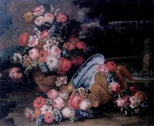 A Still Life Of A Vase Of Flowers Beside An Upturned Vase And An Oriental Dish Before A Fountain In A Landscape