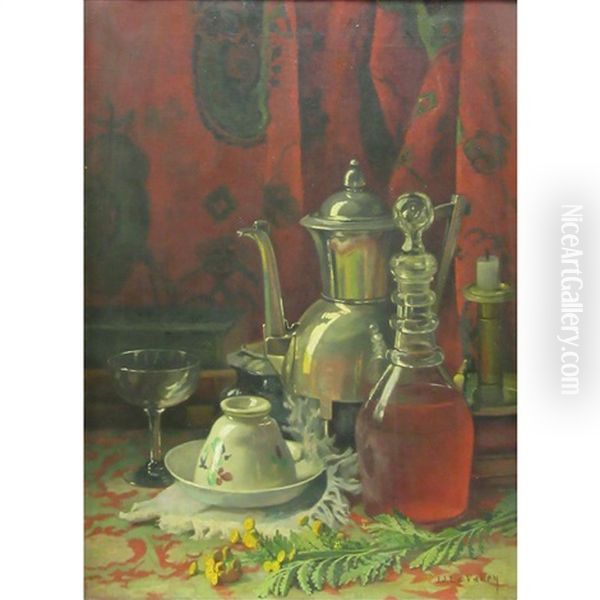 Still Life With Teapot, Wine Decanter And Candlestick - view 1