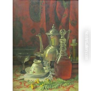 Still Life With Teapot, Wine Decanter And Candlestick by Jonas Joseph LaValley