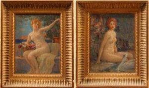 La Jeune Fille Aux Fleurs (+ La Baigneuse Au Cygne; Pair) by Georges-Auguste-Elie Lavergne