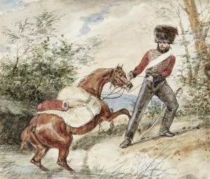 Hussard Tirant Son Cheval Hors De L'eau by Joseph-Louis Hippolyte Bellange