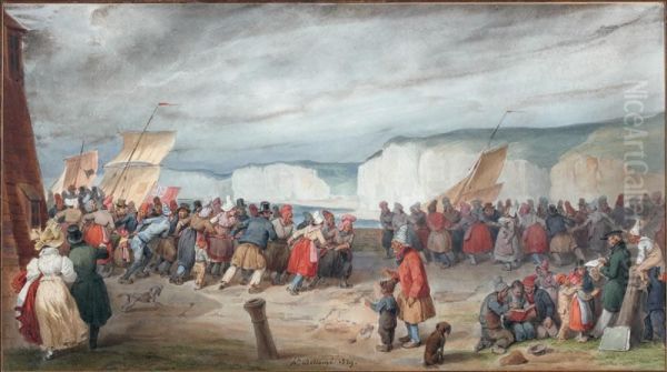 Halage De Bateaux De Peche Sur La Berge Dans Le Pays Decaux - view 1