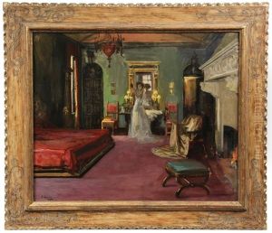 Mrs. Rosen Standing In Her Bedroom Suite Interior Wih Fireplace by John Lavery