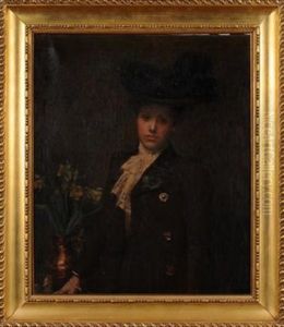 Mrs. Ethel Marquis. Nee Peacock Standing Beside A Vase Of Daffodils Wearing A Brown Coat With Necktie And A Large Brimmed Feather Hat