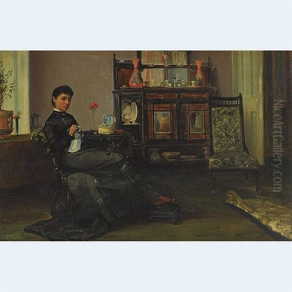 A Lady Sewing In A Parlour - view 1