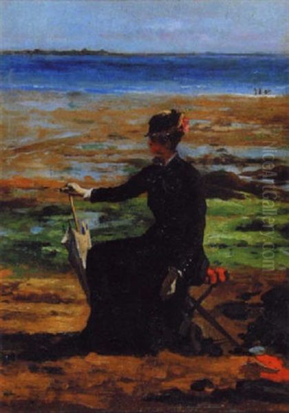 Portrait Of A Seated Lady In Black, On A Beach by John Lavery