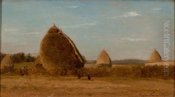 Feldlandschaft Mit Bauern Bei Der Heuernte - view 1