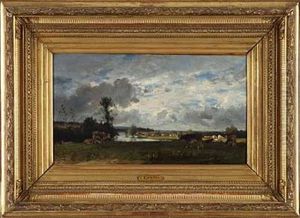 Wolkiger Sommertag Uber Viehherde Am Flussufer by Eugene Antoine Samuel Lavieille