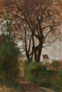 Baumgesaumter Weg - Im Hintergrund Ein Dorf by Eugene Antoine Samuel Lavieille