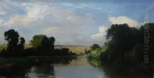 Barques Sur La Seine by Eugene Antoine Samuel Lavieille