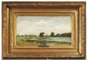 Sommerliche Flusslandschaft Mit Spaziergangern by Eugene Antoine Samuel Lavieille