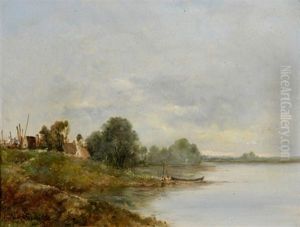 Uferlandschaft Mit Boot Und Hausern Uferlandschaft Mit Boot Und Hausern