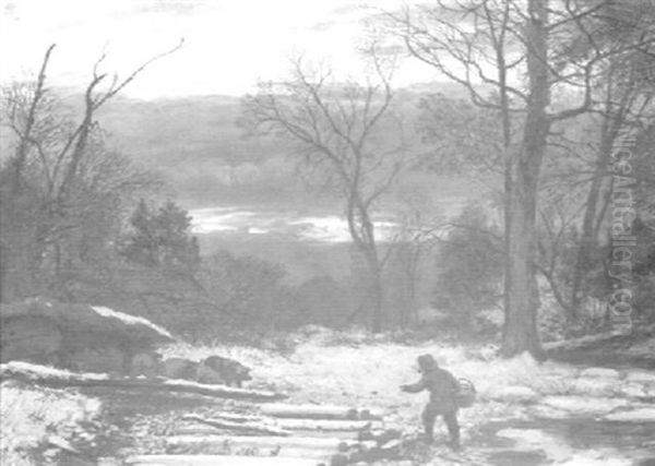 Farmer Feeding Pigs In A Winter Landscape, Dawn - view 1
