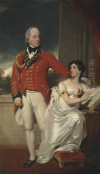 Portrait Of General Albemarle Bertie, 9th Earl Of Lindsey (1744-1818) And His Second Wife, Charlotte Susanna Elizabeth (1780-1858), Daughter Of The Rev. Charles Peter Layard, Dean Of Bristol, Full-length, He In Military Uniform, She In A White Dress - view 1
