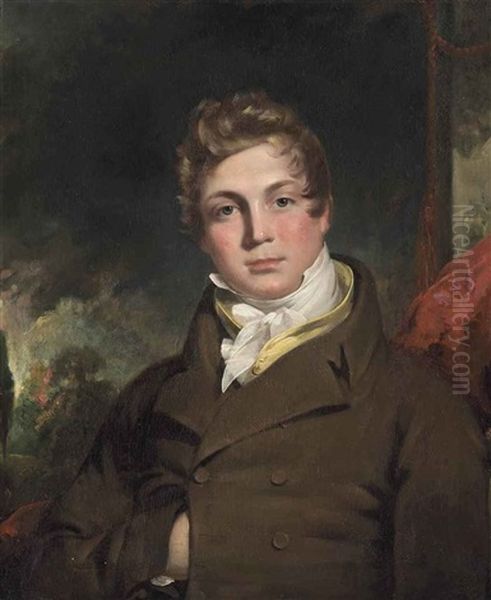 Portrait Of A Gentleman, Half-length, In A Brown Coat And Cravat, Before A Red Curtain, A Landscape Beyond - view 1