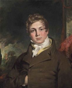 Portrait Of A Gentleman, Half-length, In A Brown Coat And Cravat, Before A Red Curtain, A Landscape Beyond