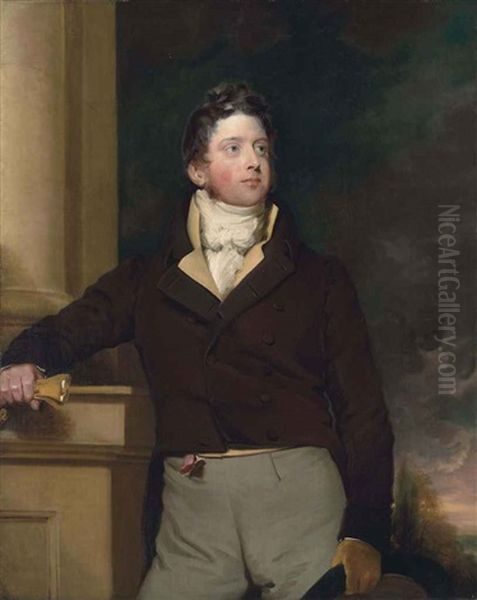 Portrait Of A Gentleman In A Brown Double-brested Frock Coat And A Neck-cloth, Holding Gloves And A Top Hat, Leaning On The Pedestal Of A Column... - view 1