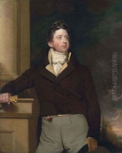 Portrait Of A Gentleman In A Brown Double-brested Frock Coat And A Neck-cloth, Holding Gloves And A Top Hat, Leaning On The Pedestal Of A Column... by Thomas Lawrence