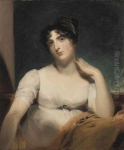 Portrait Of Mrs Henry Ker-seymer, Seated, In A White Dress, Her Left Arm Resting On An Orange Mantle