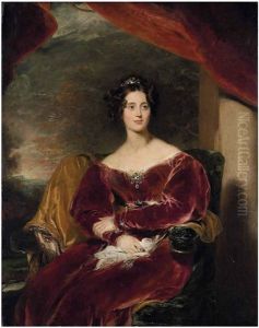 Portrait Of Mary, Countess Of Wilton Seated, In A Red Velvet Dress With A Brooch, A Landscape Beyond by Thomas Lawrence