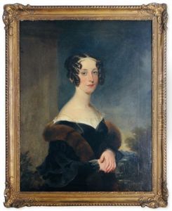 Portrait Of A Lady, Wearing A Fur Stole, A Landscape Beyond