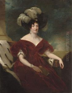 Portrait Of A Lady, Three-quarter-length, Seated In A Red Velvet Dress, And A Black Plumed Hat