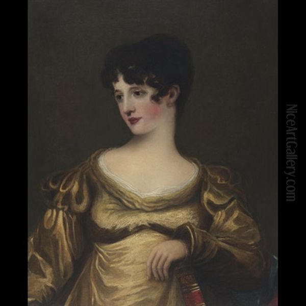 Elegant Lady In A Gold Satin Dress Holding A Book - view 1