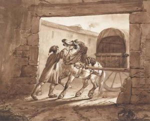 Un Homme Tenant Un Cheval Attelle A Une Charette Pres D'unporche by Jean-Francois Bellay