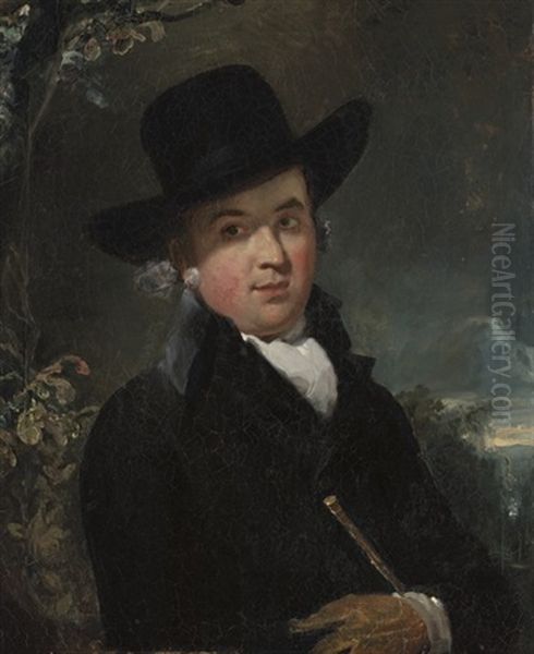Portrait Of The Rev. Andrew Lawrence In A Dark Coat And Hat, Holding A Cane, In A Landscape - view 1