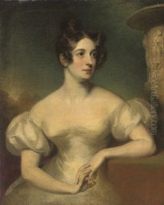 Portrait Of A Lady In An Oyster Satin Dress, Seated By A Stone Urn, A Landscape Beyond