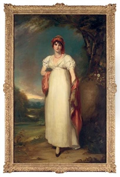 Portrait Of Mrs John Halkett In A White Dress, With An Embroidered Headdress And Shawl, In An Extensive Landscape - view 1