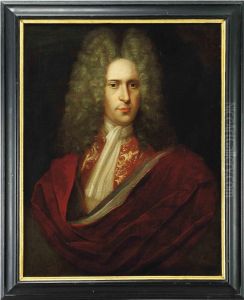 Portrait Of A Gentleman, Bust-length, In A Burgundy Wrap And Whitestock, Feigned Oval by Alexis-Simon Belle