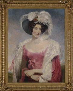 Portrait Of Mrs. Thomas Holroyd In A Pink Dress With Matching Cloak And Feathered Hat by Thomas Lawrence