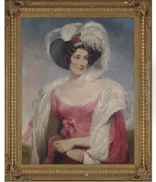 Portrait Of Mrs. Thomas Holroyd In A Pink Dress With Matching Cloak And Feathered Hat - view 1