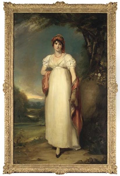 Portrait Of Mrs. John Halkett, Full-length, In A White Dress, With An Embroidered Headdress And Shawl, In An Extensive Landscape - view 1