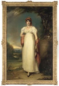 Portrait Of Mrs. John Halkett, Full-length, In A White Dress, With An Embroidered Headdress And Shawl, In An Extensive Landscape
