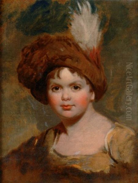 Portrait Of A Boy In A Yellow Dress And Feathered Hat - view 1