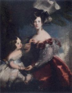Portrait Of A Lady In A Red Dress And Plummed Hat, With A Child In A White Dress by Thomas Lawrence