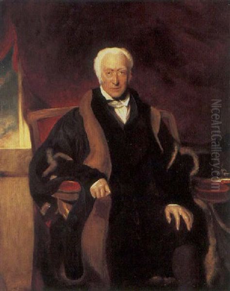 Portrait Of Richard Clark Wearing A Fur Trimmed Black Robe, A Red Curtain Behind - view 1