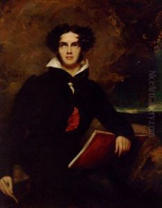 Portrait Of George Gordon Byron, 6th Baron Byron, In A Black Coat, Resting A Folio On His Knee, In A Rocky Lanscape