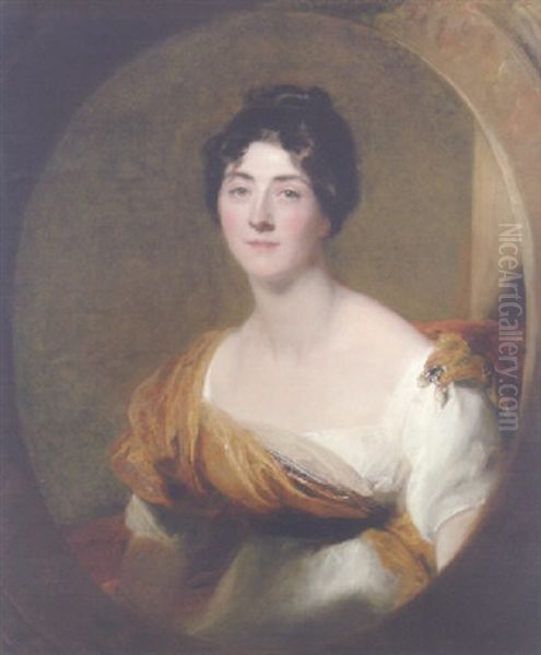 Portrait Of Lucy Meredith In A White Dress With A Paisley Sash - view 1