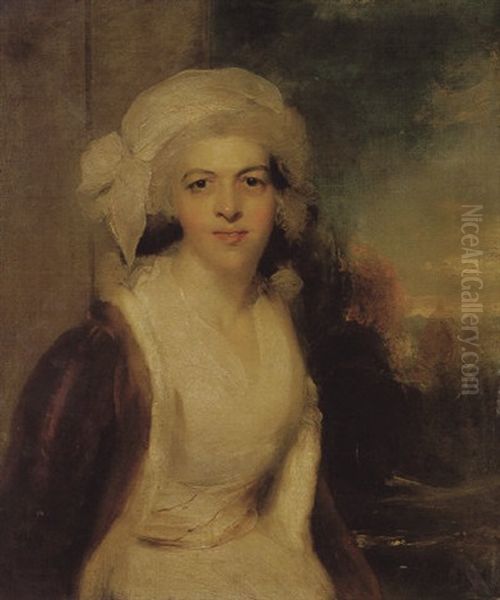 Portrait Of Rebecca, Lady Simeon, Wearing A White Dress And Fur Wrap, With A Landscape Beyond - view 1
