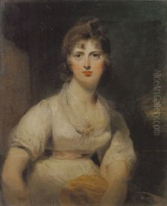Portrait Of Margarette Willes Wearing A White Dress And Pink Sash, With A Landscape Beyond
