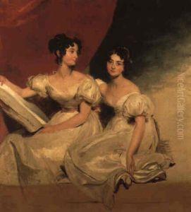 Double Portrait Of The Fullerton Sisters In White Dresses Near A Red Curtain by Thomas Lawrence